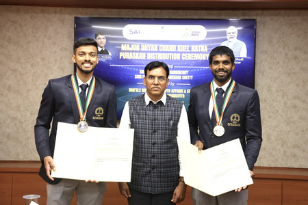 Sports Minister Mandaviya presents Khel Ratna award to Satwik-Chirag in New Delhi